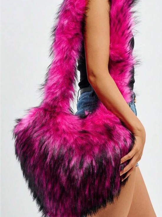Handbags - Faux Fur Heart Shoulder Bag in Hot Pink